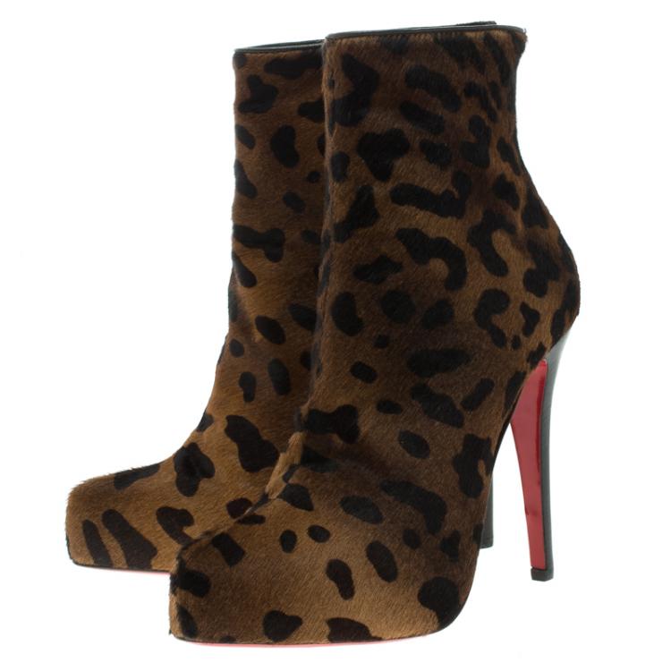 Pre Owned Christian Louboutin Leopard Print Calf Hair Fifi Platform Ankle Boots Size 38