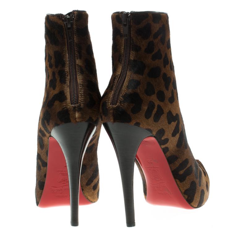 Pre Owned Christian Louboutin Leopard Print Calf Hair Fifi Platform Ankle Boots Size 38