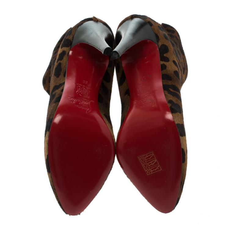 Pre Owned Christian Louboutin Leopard Print Calf Hair Fifi Platform Ankle Boots Size 38