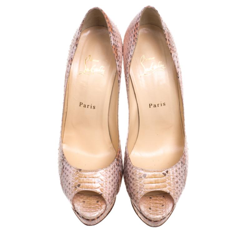 Pre Owned Christian Louboutin Beige Python Lady Peep Toe Platform Pumps Size 39.5