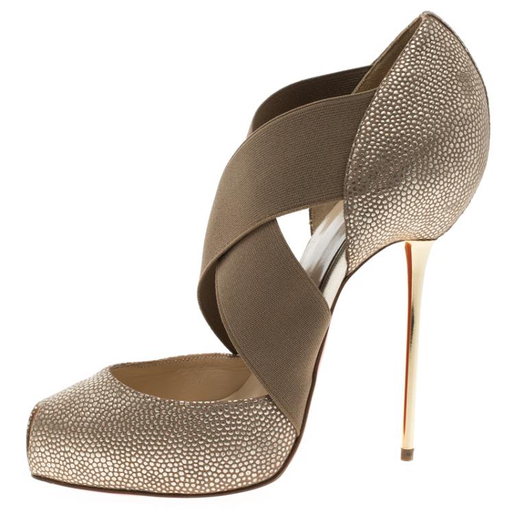 Pre Owned Christian Louboutin Beige Textured Leather Big Dorcet Peep Toe Pumps Size 38