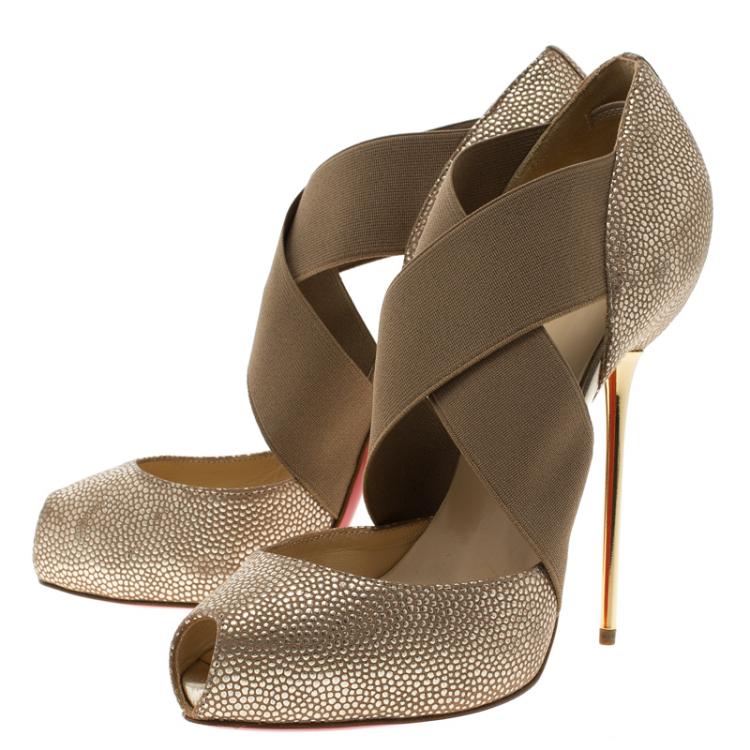 Pre Owned Christian Louboutin Beige Textured Leather Big Dorcet Peep Toe Pumps Size 38