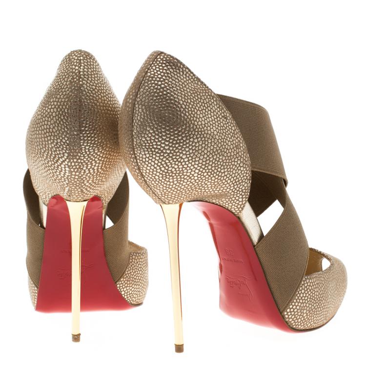 Pre Owned Christian Louboutin Beige Textured Leather Big Dorcet Peep Toe Pumps Size 38