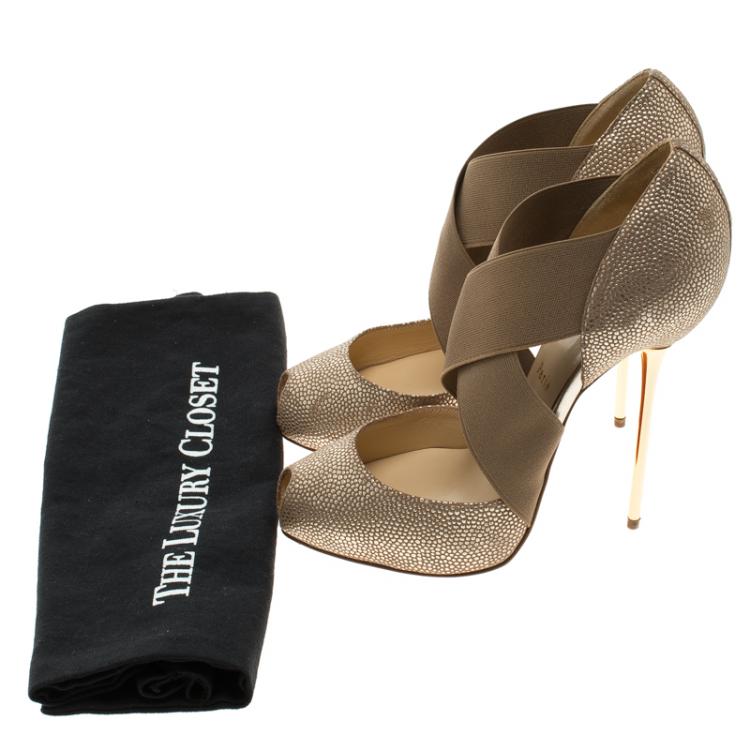 Pre Owned Christian Louboutin Beige Textured Leather Big Dorcet Peep Toe Pumps Size 38