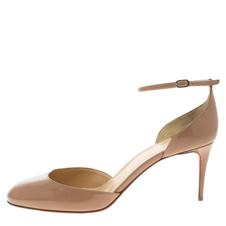 Pre Owned Christian Louboutin Beige Patent Leather Rounditwo Ankle Strap Pumps Size 40.5
