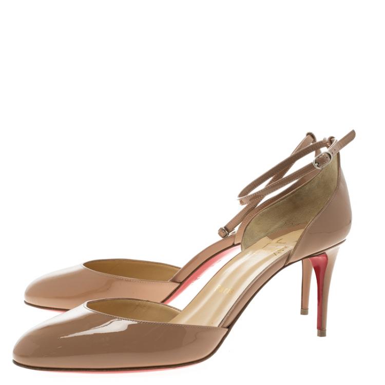 Pre Owned Christian Louboutin Beige Patent Leather Rounditwo Ankle Strap Pumps Size 40.5