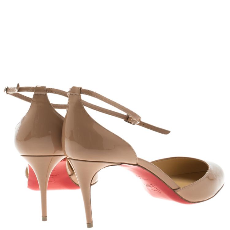 Pre Owned Christian Louboutin Beige Patent Leather Rounditwo Ankle Strap Pumps Size 40.5