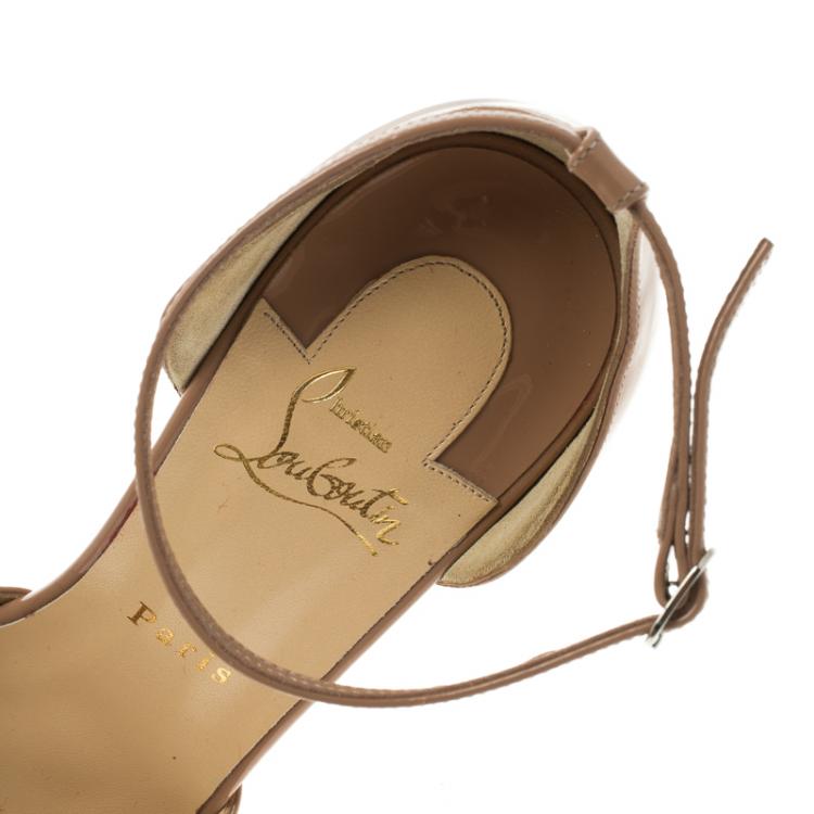 Pre Owned Christian Louboutin Beige Patent Leather Rounditwo Ankle Strap Pumps Size 40.5
