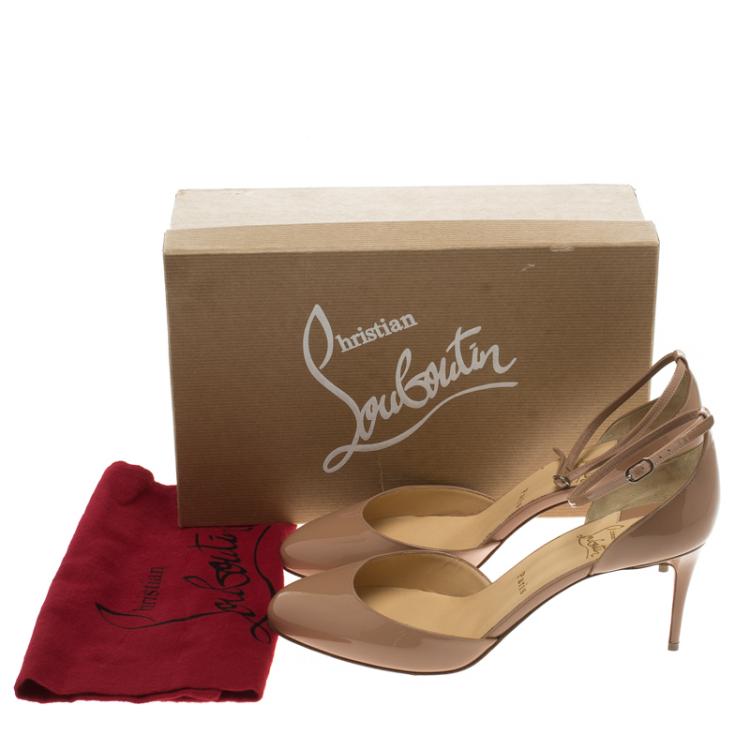 Pre Owned Christian Louboutin Beige Patent Leather Rounditwo Ankle Strap Pumps Size 40.5