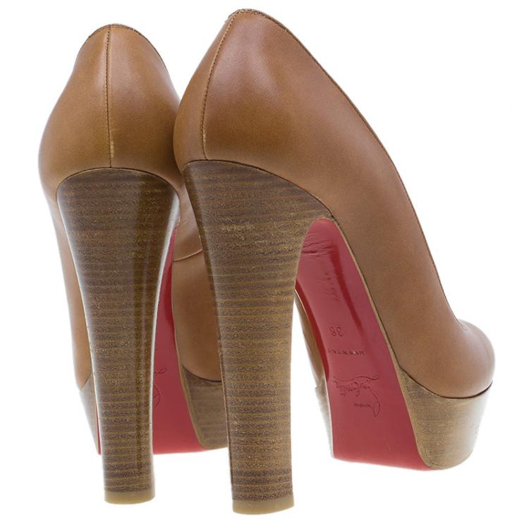 Pre Owned Christian Louboutin Brown Leather Bibi Platform Pumps Size 38