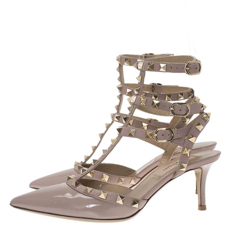 Pre Owned Valentino Beige Patent Rockstud Ankle Strap Sandals Size 36.5