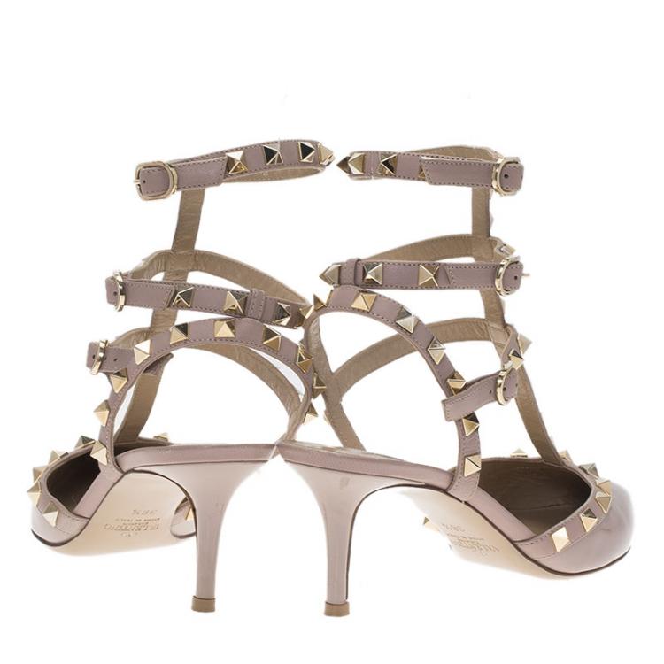 Pre Owned Valentino Beige Patent Rockstud Ankle Strap Sandals Size 36.5