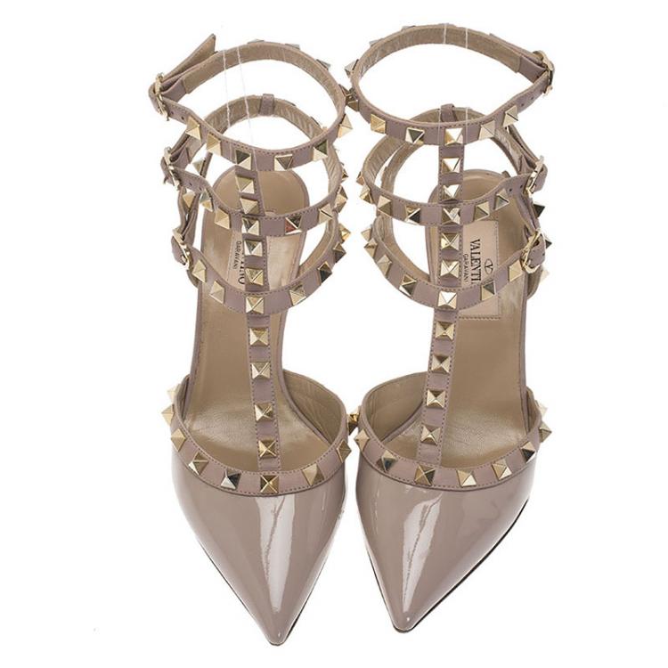 Pre Owned Valentino Beige Patent Rockstud Ankle Strap Sandals Size 36.5