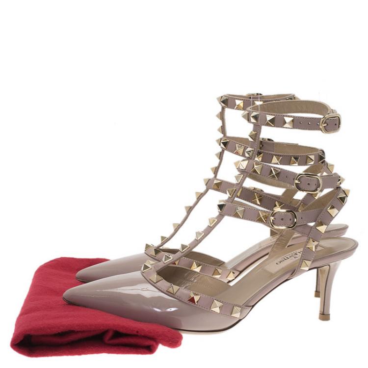 Pre Owned Valentino Beige Patent Rockstud Ankle Strap Sandals Size 36.5