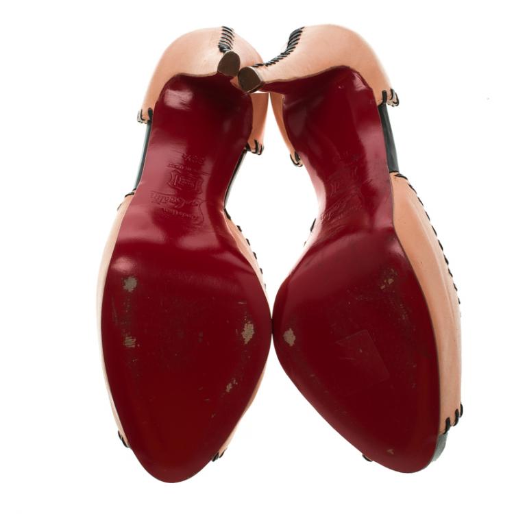 Pre Owned Christian Louboutin Blush Pink Leather Whipstitch Detail Peep Toe D'Orsay Pumps Size 38.5