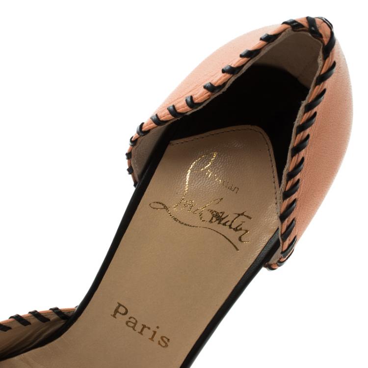 Pre Owned Christian Louboutin Blush Pink Leather Whipstitch Detail Peep Toe D'Orsay Pumps Size 38.5