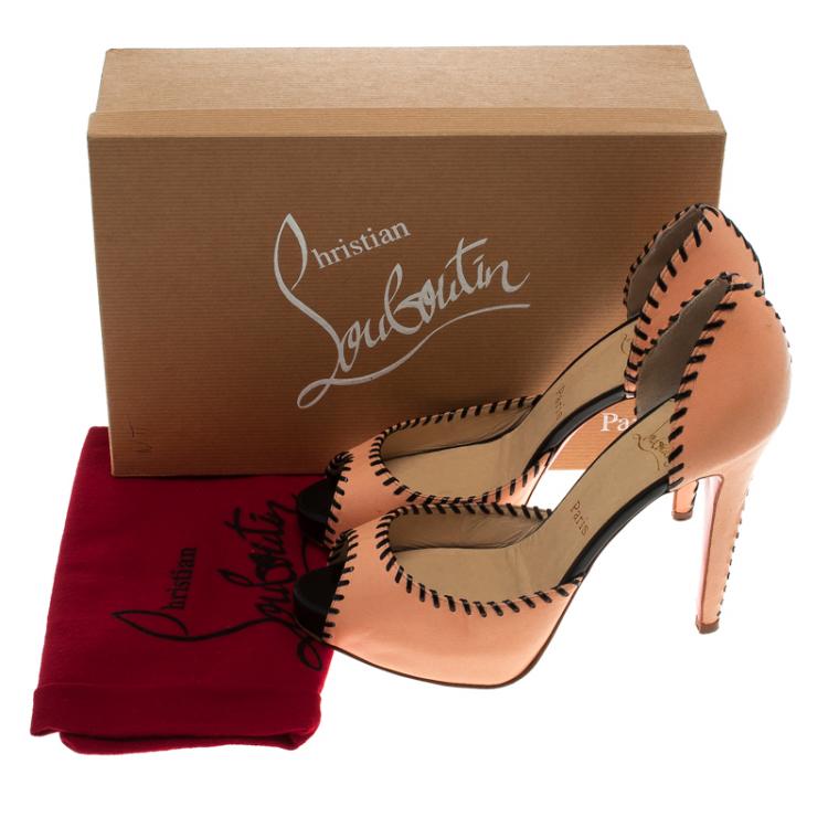 Pre Owned Christian Louboutin Blush Pink Leather Whipstitch Detail Peep Toe D'Orsay Pumps Size 38.5