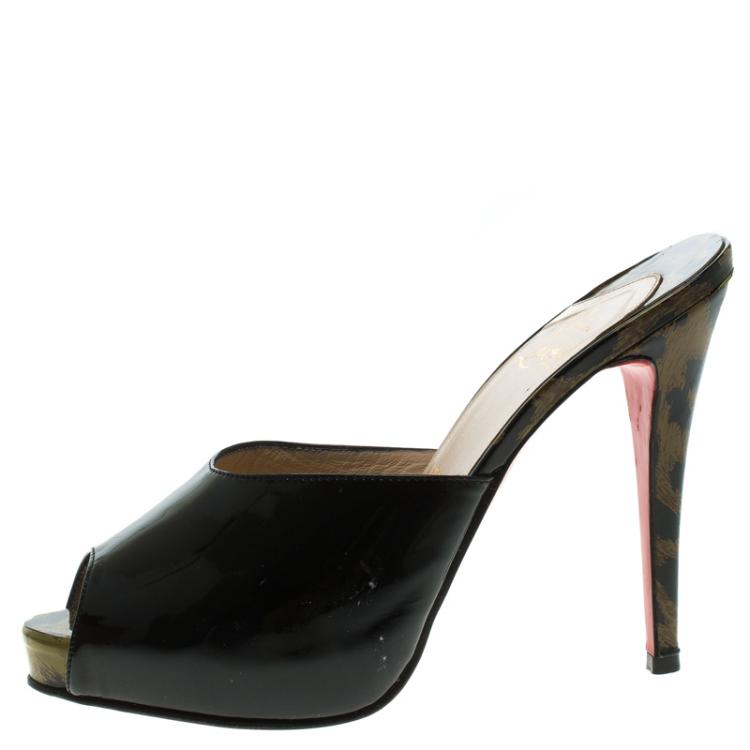 مملوكة مسبقًا Christian Louboutin Black Leopard Print Patent Leather Sabotage Peep Toe Sandals Size 38.5