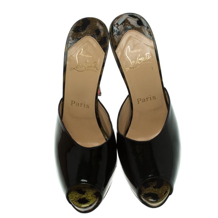 مملوكة مسبقًا Christian Louboutin Black Leopard Print Patent Leather Sabotage Peep Toe Sandals Size 38.5