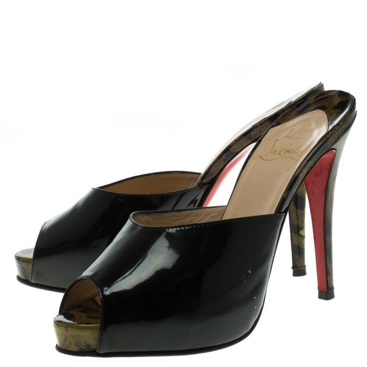 مملوكة مسبقًا Christian Louboutin Black Leopard Print Patent Leather Sabotage Peep Toe Sandals Size 38.5