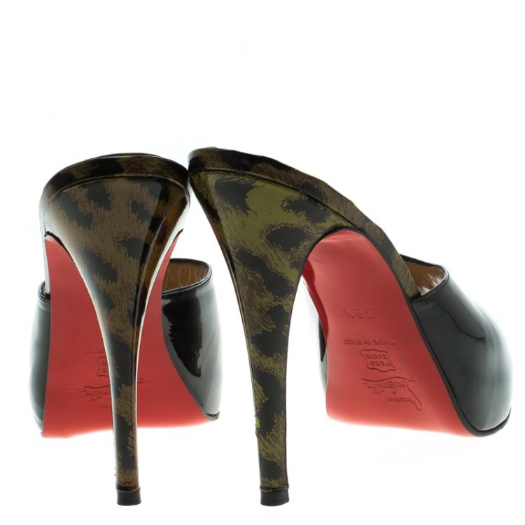 مملوكة مسبقًا Christian Louboutin Black Leopard Print Patent Leather Sabotage Peep Toe Sandals Size 38.5
