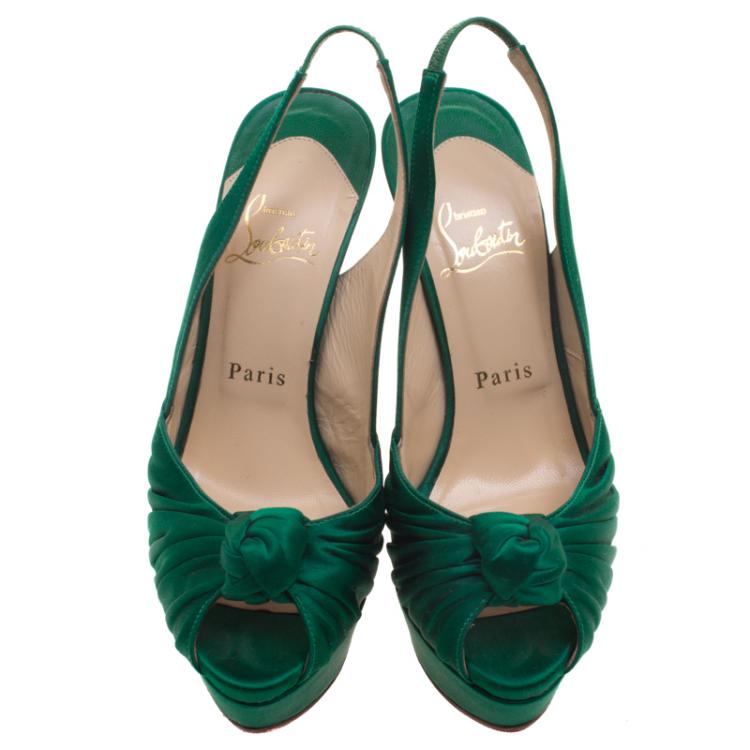 Pre Owned Christian Louboutin Green Satin Jenny Platform Slingback Sandals Size 37