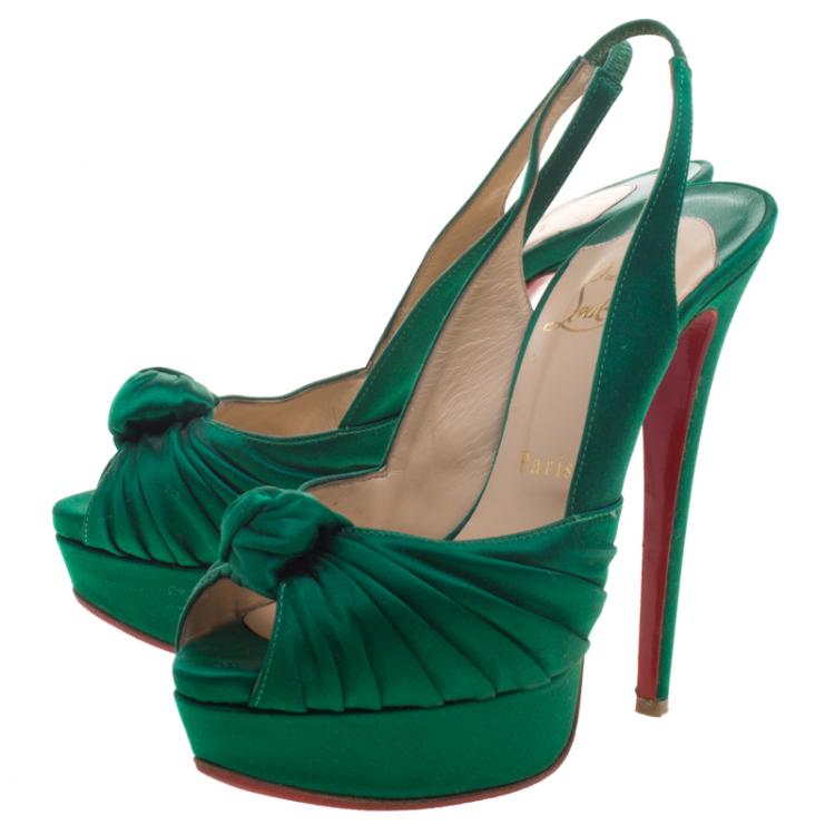 Pre Owned Christian Louboutin Green Satin Jenny Platform Slingback Sandals Size 37