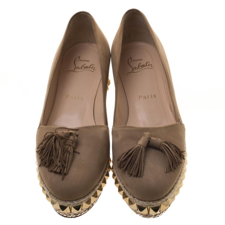 Pre Owned Christian Louboutin Beige Leather Carmel CA Wedge Espadrille Size 36