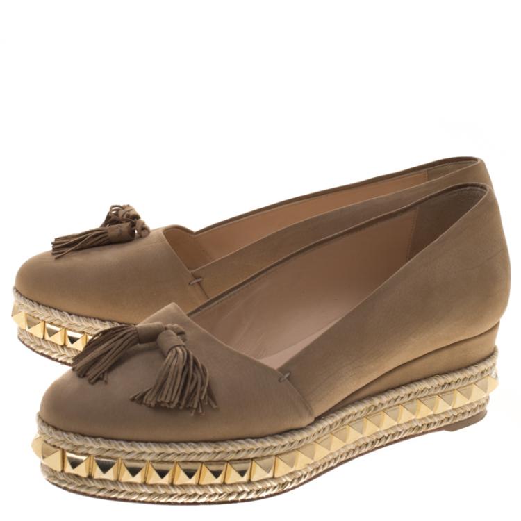 Pre Owned Christian Louboutin Beige Leather Carmel CA Wedge Espadrille Size 36