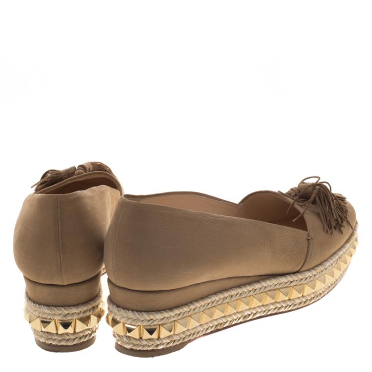 Pre Owned Christian Louboutin Beige Leather Carmel CA Wedge Espadrille Size 36
