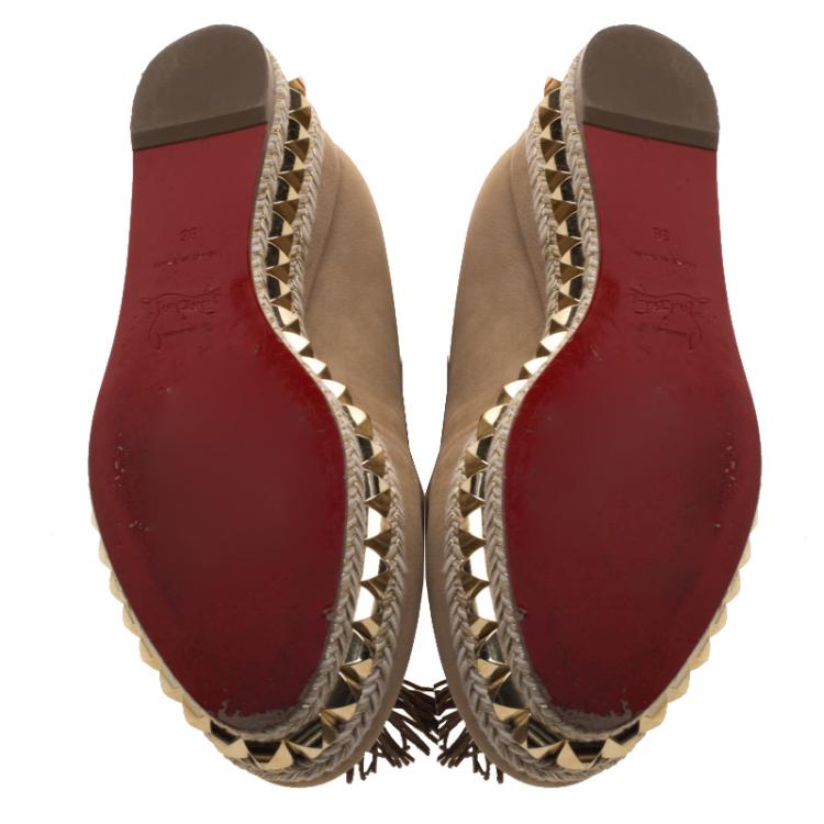 Pre Owned Christian Louboutin Beige Leather Carmel CA Wedge Espadrille Size 36
