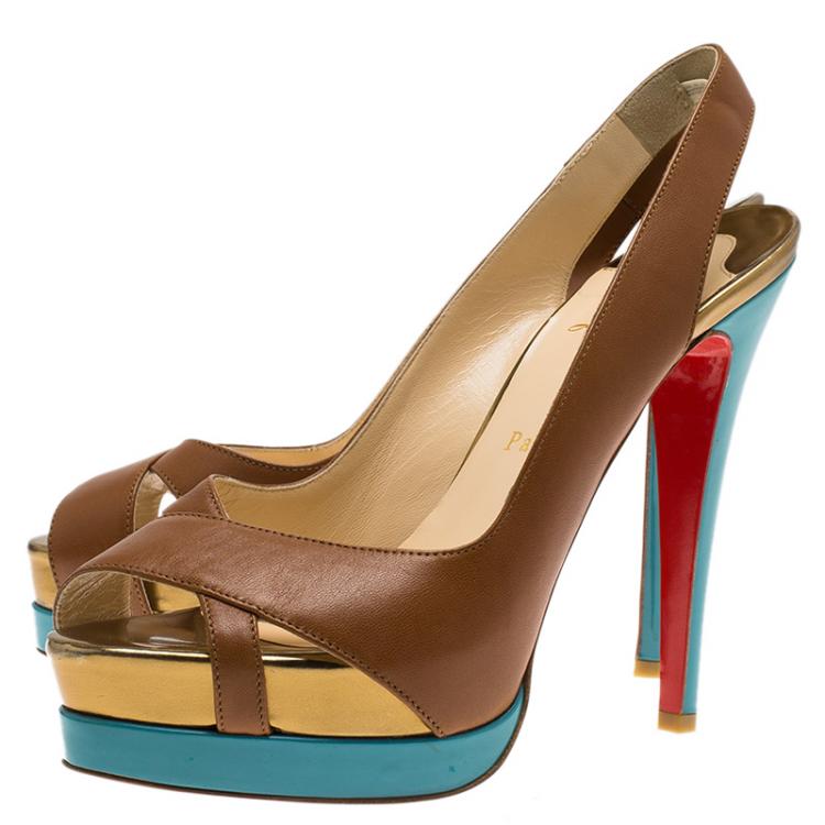 Pre Owned Christian Louboutin Block Color Leather Very Croise Slingback Platform Sandals Size 37