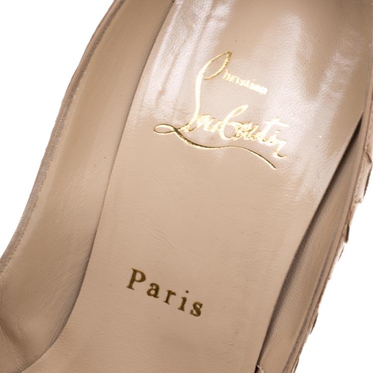 Pre Owned Christian Louboutin Beige Crystal Coated Python Lady Peep Toe Platform Pumps Size 38.5