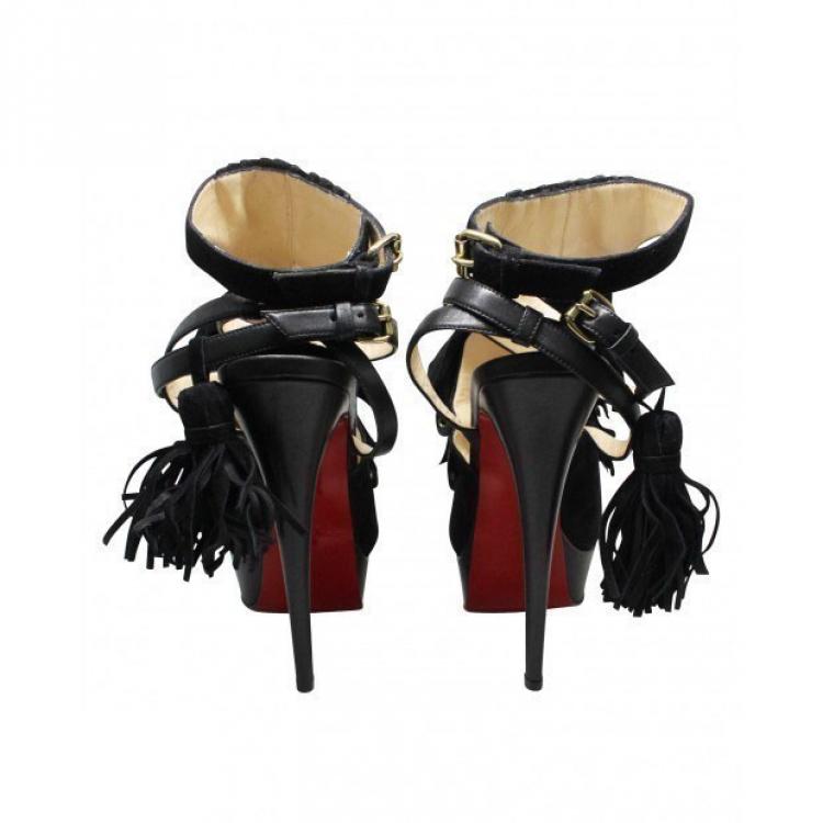 Pre Owned Christian Louboutin Black Suede and Leather Misfit Ankle Strap Platform Sandals Size 38.5