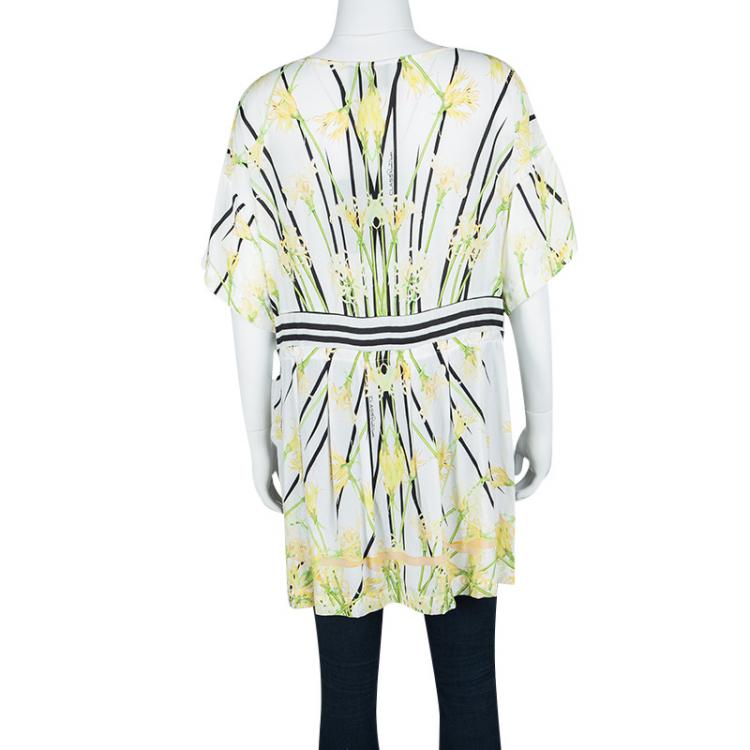 Pre Owned Class by Roberto Cavalli White Floral Print High Low Short Sleeve Top M