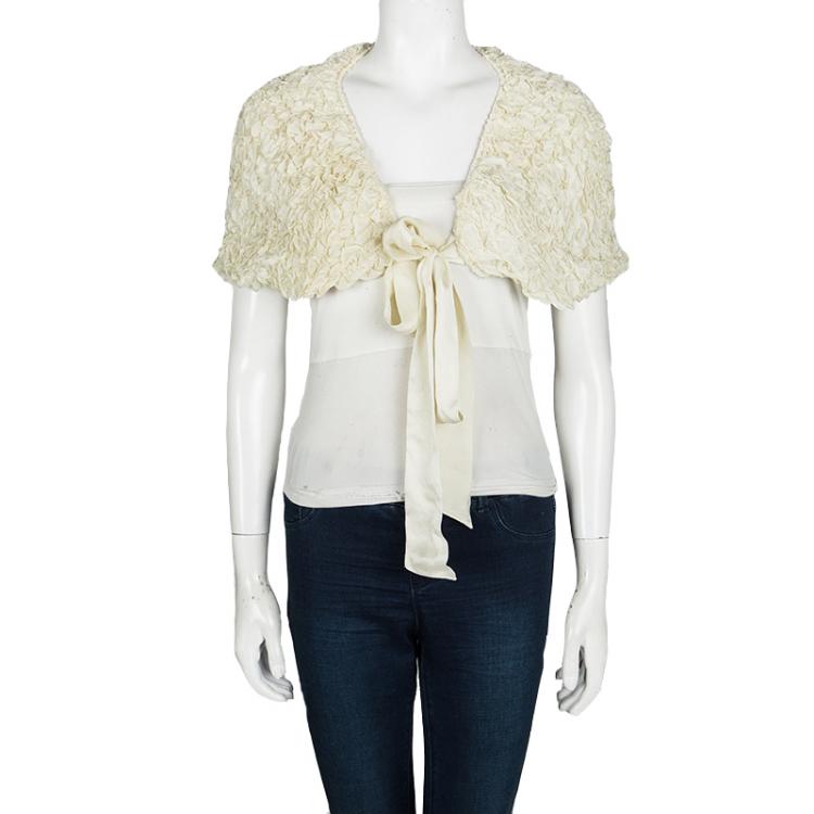 Pre Owned Class by Roberto Cavalli Ivory Ruffled Silk Tie Detail Shoulder Cover Shrug M