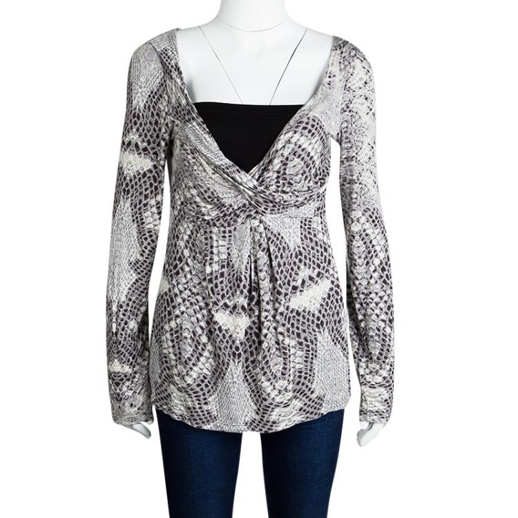 Pre Owned Class by Roberto Cavalli Animal Printed Knit Draped Long Sleeve Top L