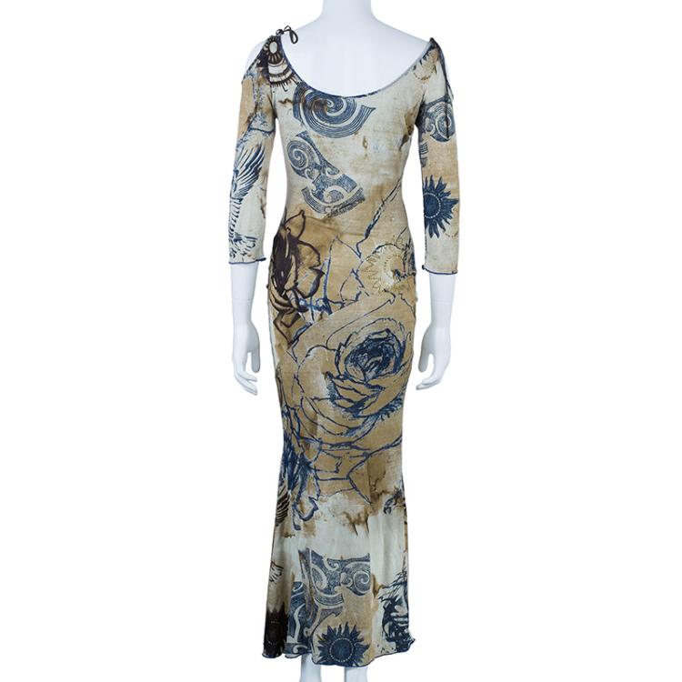 Pre Owned CLASS By Roberto Cavalli Off-Shoulder Printed Maxi Dress S