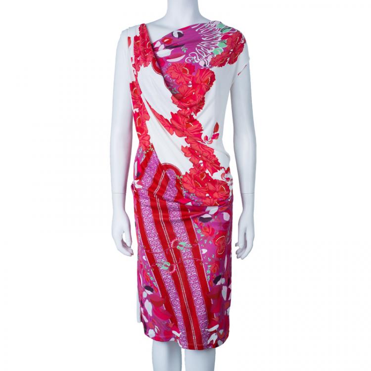 Pre Owned Class by Roberto Cavalli White and Pink Printed Sleeveless Dress M