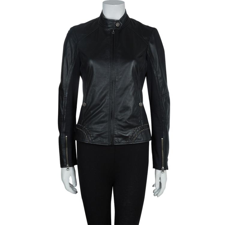 Pre Owned Class by Roberto Cavalli Black Eyelet Detail Leather Jacket M