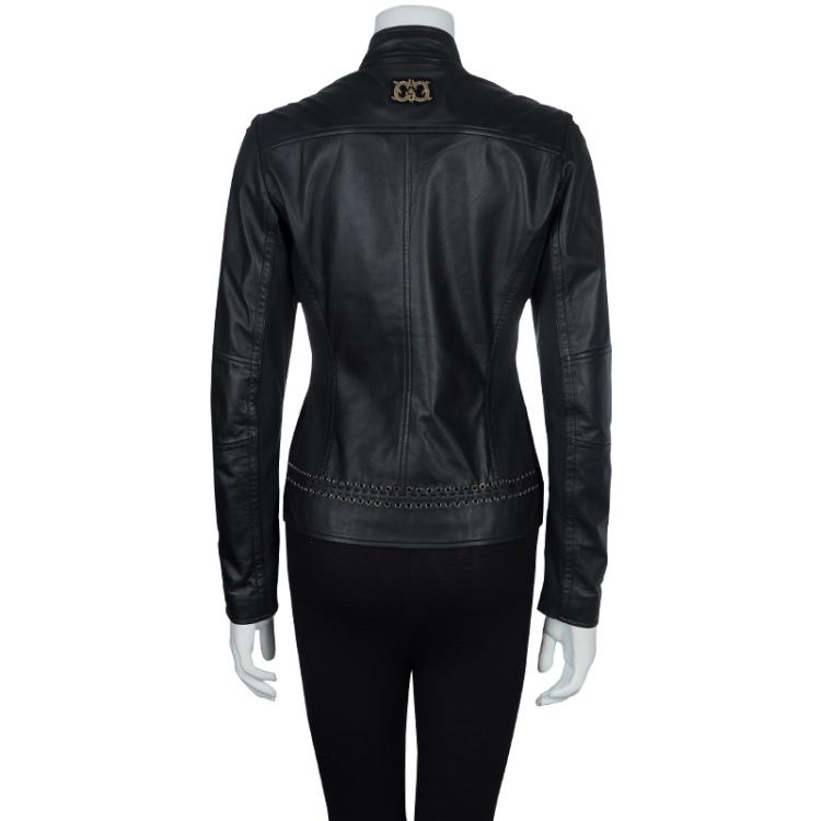 Pre Owned Class by Roberto Cavalli Black Eyelet Detail Leather Jacket M