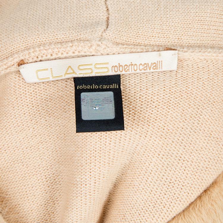 Pre Owned Class by Roberto Cavalli Beige Fur Trim Wool Cardigan M
