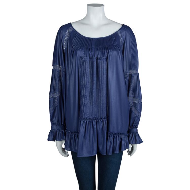 Pre Owned Class By Roberto Cavalli Blue Metallic Finish Pintucked Lace Insert Long Sleeve Blouse L