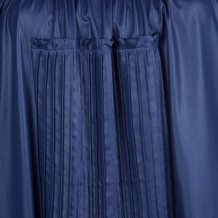 Pre Owned Class By Roberto Cavalli Blue Metallic Finish Pintucked Lace Insert Long Sleeve Blouse L