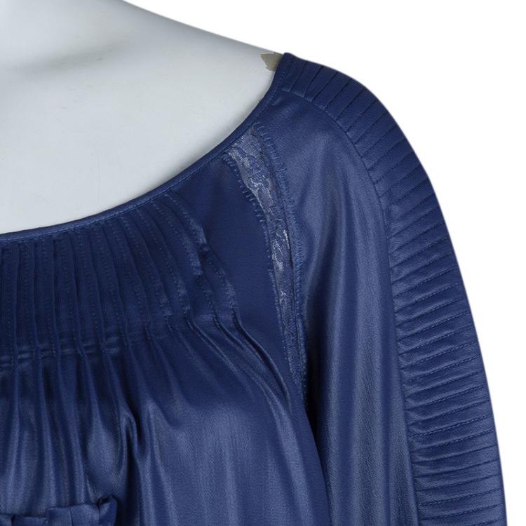 Pre Owned Class By Roberto Cavalli Blue Metallic Finish Pintucked Lace Insert Long Sleeve Blouse L