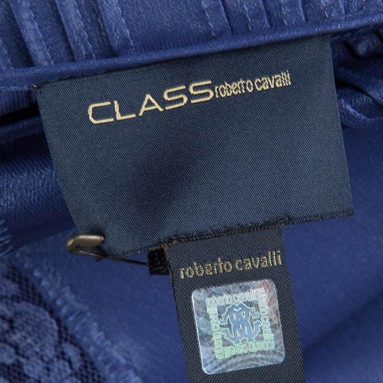 Pre Owned Class By Roberto Cavalli Blue Metallic Finish Pintucked Lace Insert Long Sleeve Blouse L