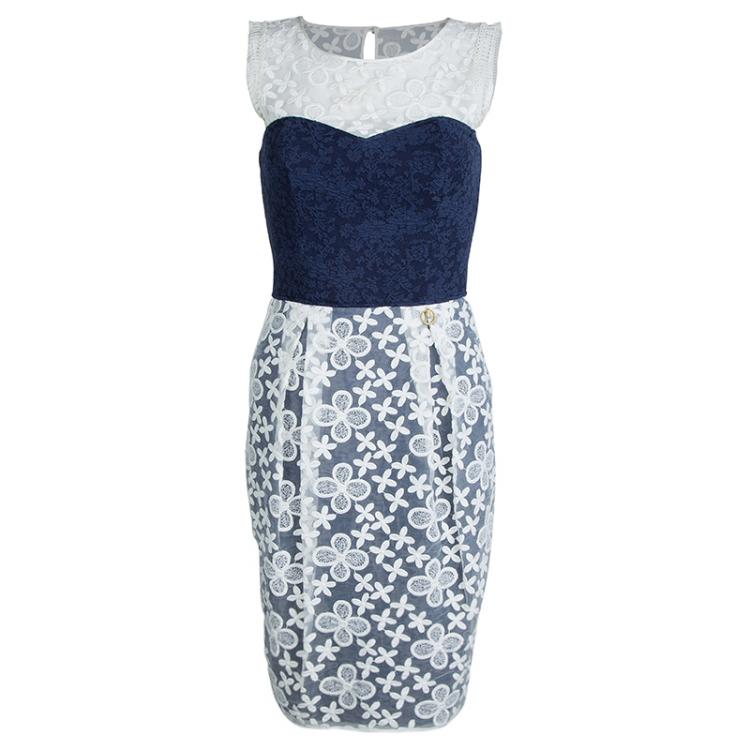 Pre Owned Class By Roberto Cavalli Navy Blue Contrast Lace Detail Floral Embroidered Sleeveless Dress S