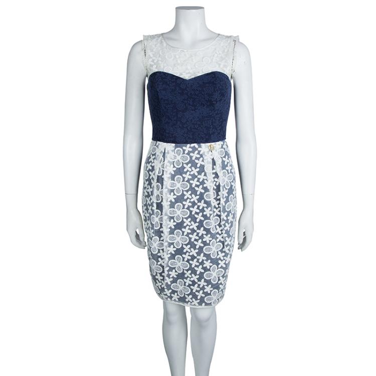 Pre Owned Class By Roberto Cavalli Navy Blue Contrast Lace Detail Floral Embroidered Sleeveless Dress S