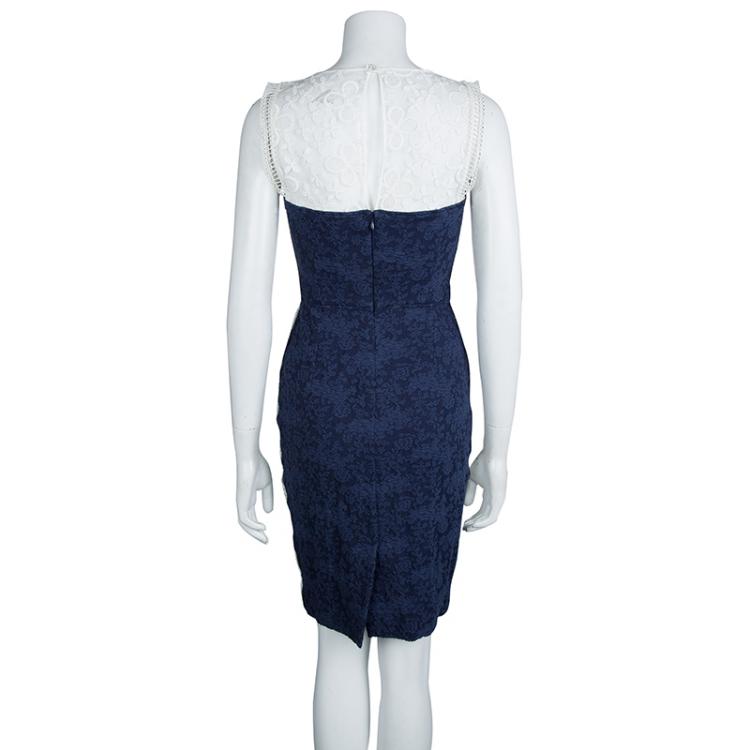Pre Owned Class By Roberto Cavalli Navy Blue Contrast Lace Detail Floral Embroidered Sleeveless Dress S