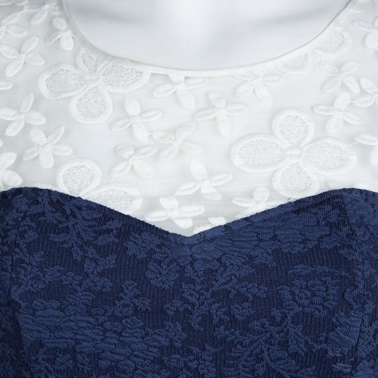 Pre Owned Class By Roberto Cavalli Navy Blue Contrast Lace Detail Floral Embroidered Sleeveless Dress S